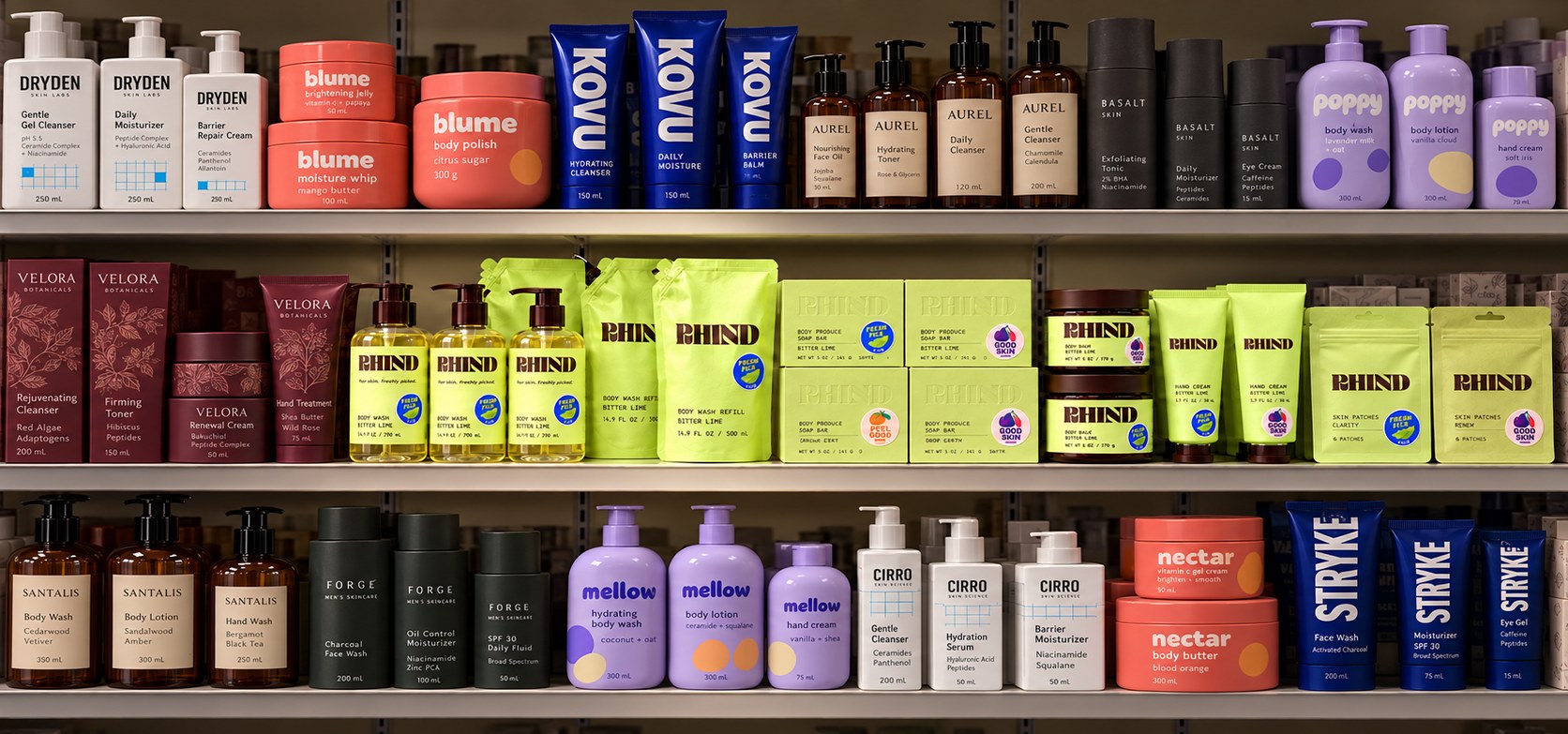 RHIND range on a retail shelf among other bodycare brands