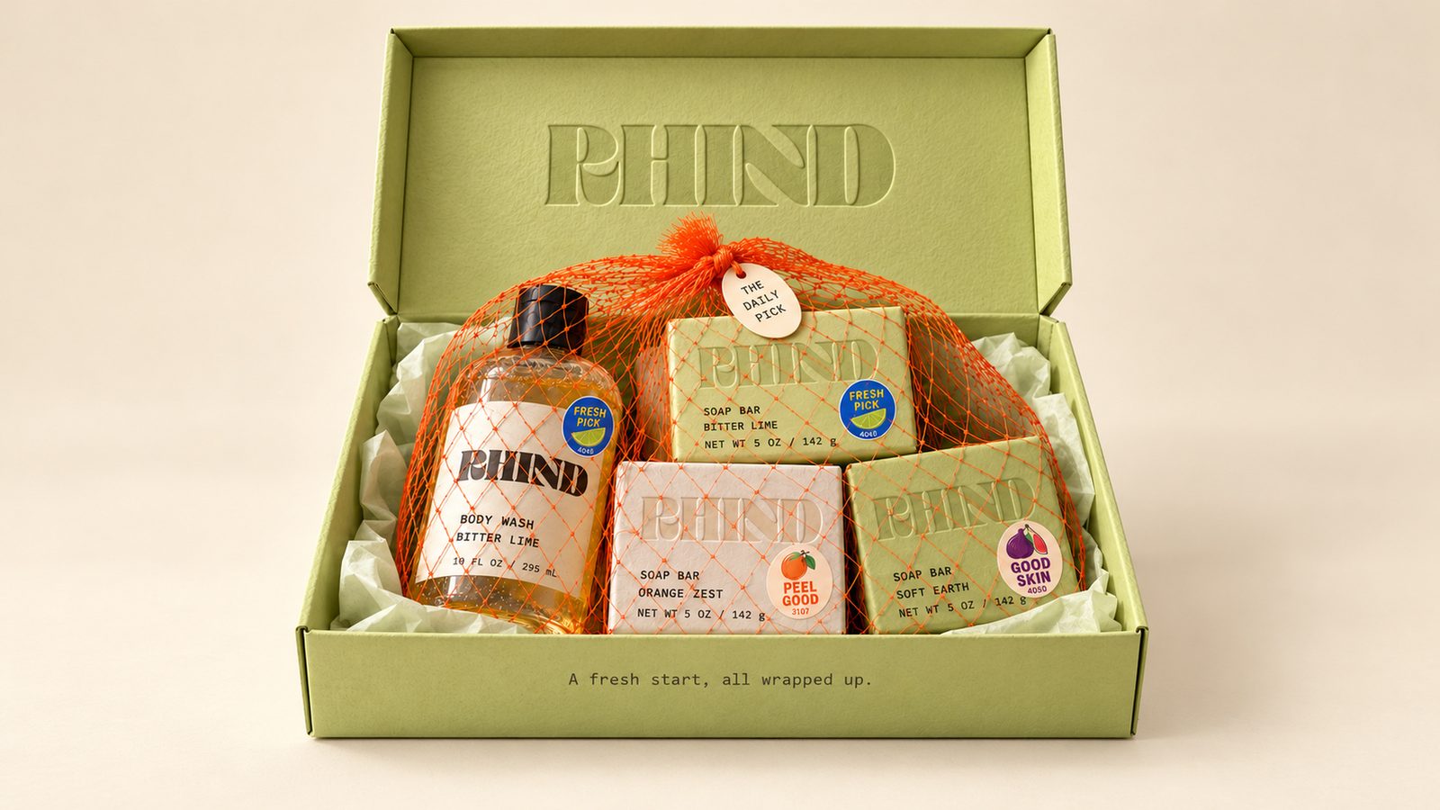 The Daily Pick gift box with products in orange produce mesh