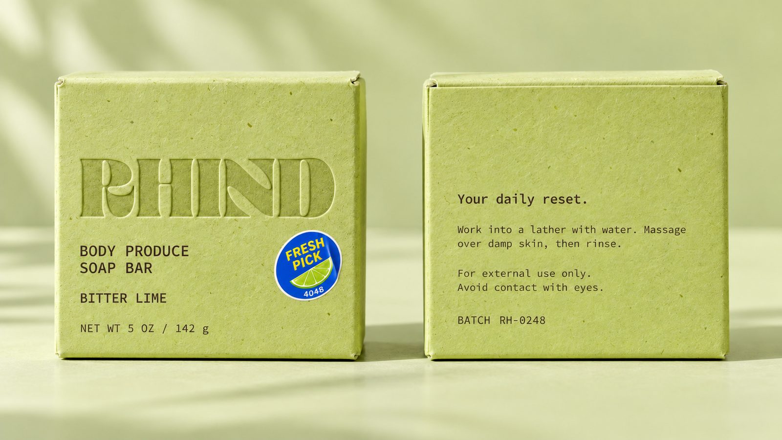 Softly textured Bitter Lime carton, front and back