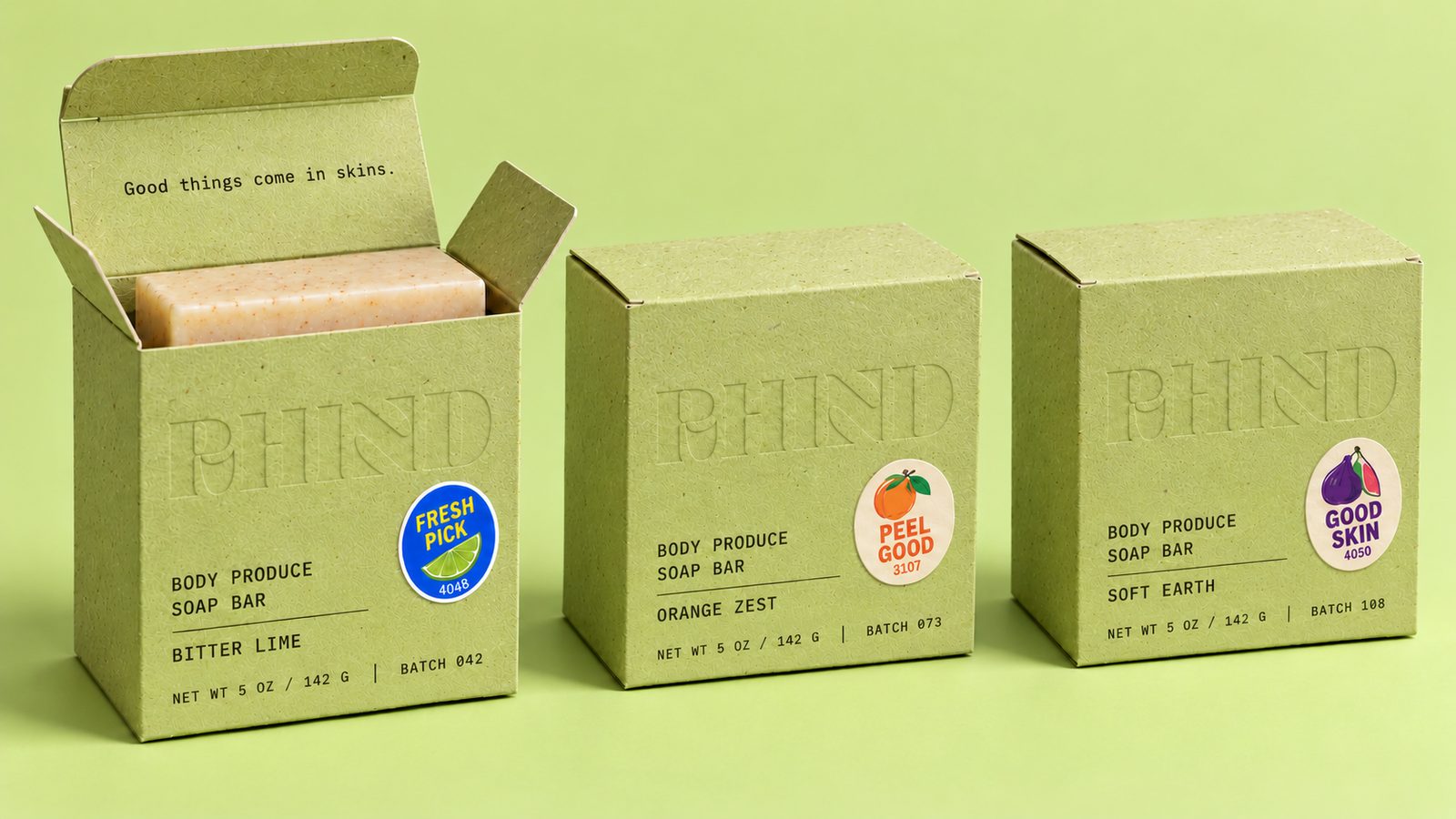 Three soap cartons, each with its scent sticker
