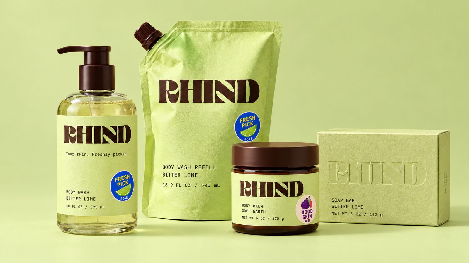 RHIND body wash, refill, body balm and soap bar with monospaced labels