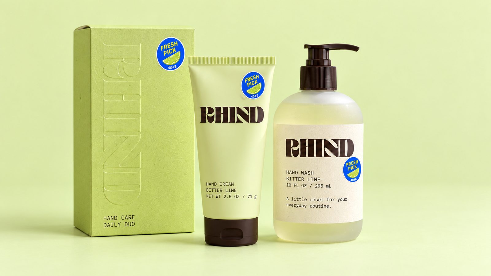 Frosted hand wash bottle beside the hand care duo